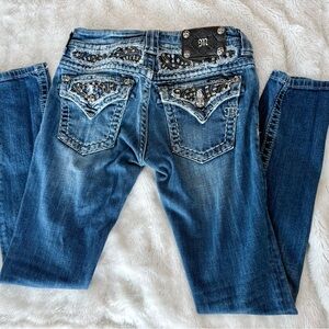 Miss Me Blue Straight Leg Jeans with Embellished Pockets